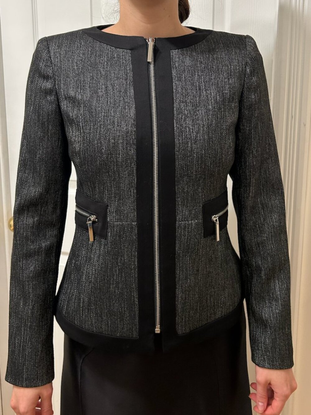 Anne Klein Dark Gray Collarless Zip Suit Jacket Black Trim Size OP